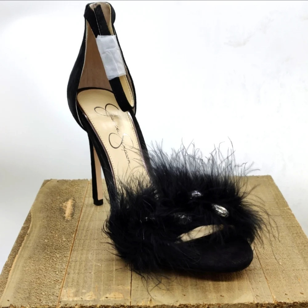 New In Box! Jessica Simpson Black Stilletto Heels • Feathers •Jewels • Size 7.5